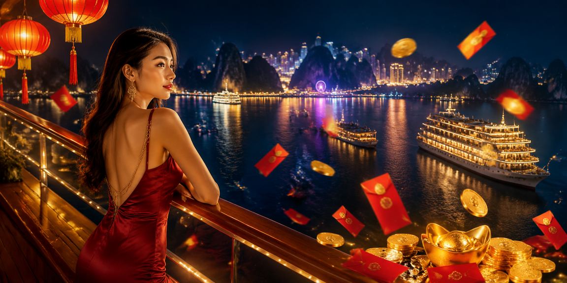 Phong bì đỏ và đèn lồng gợi nhớ phần thưởng và khuyến mãi tại vùng vịnh Hạ Long