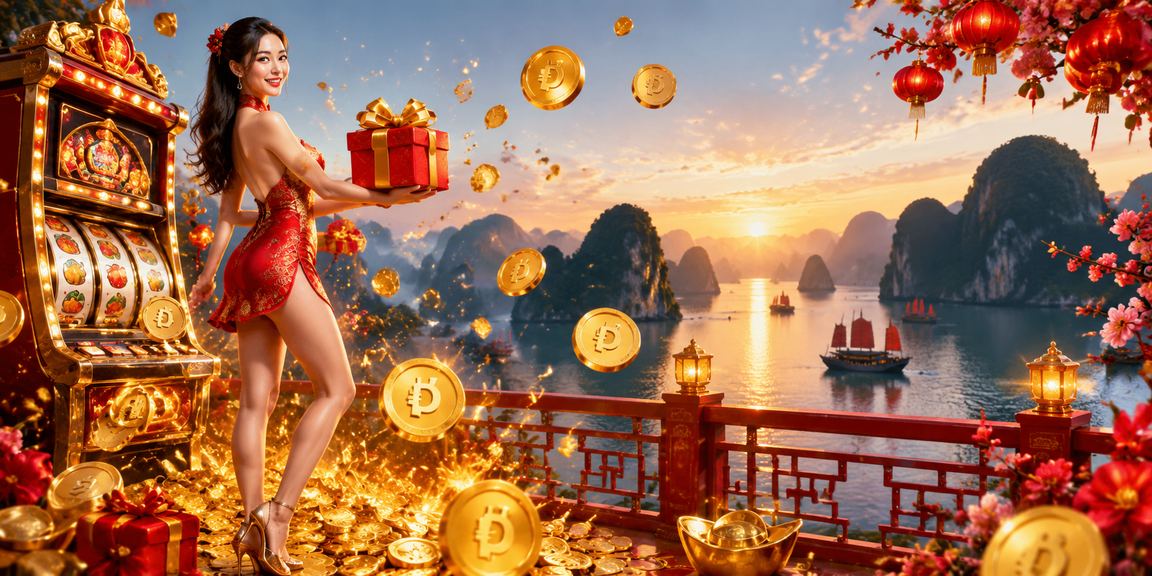 Du khách tại vịnh Hạ Long thư giãn chơi slot game trên điện thoại trong không khí lễ hội Tết rực rỡ màu sắc