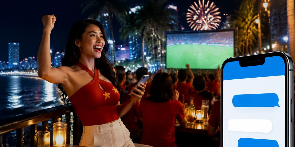 Người chơi sử dụng điện thoại xem casino trực tuyến tại bãi biển Nha Trang buổi chiều