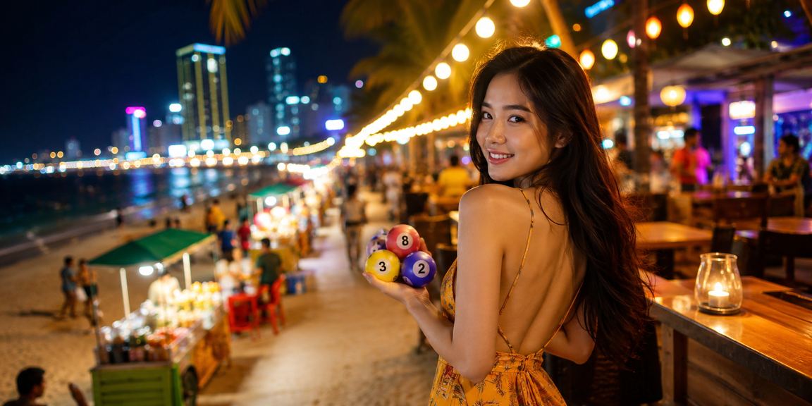 Cảnh chợ đêm Nha Trang về khuya với người dùng kiểm tra kết quả xổ số và cá cược trên điện thoại dưới ánh đèn màu