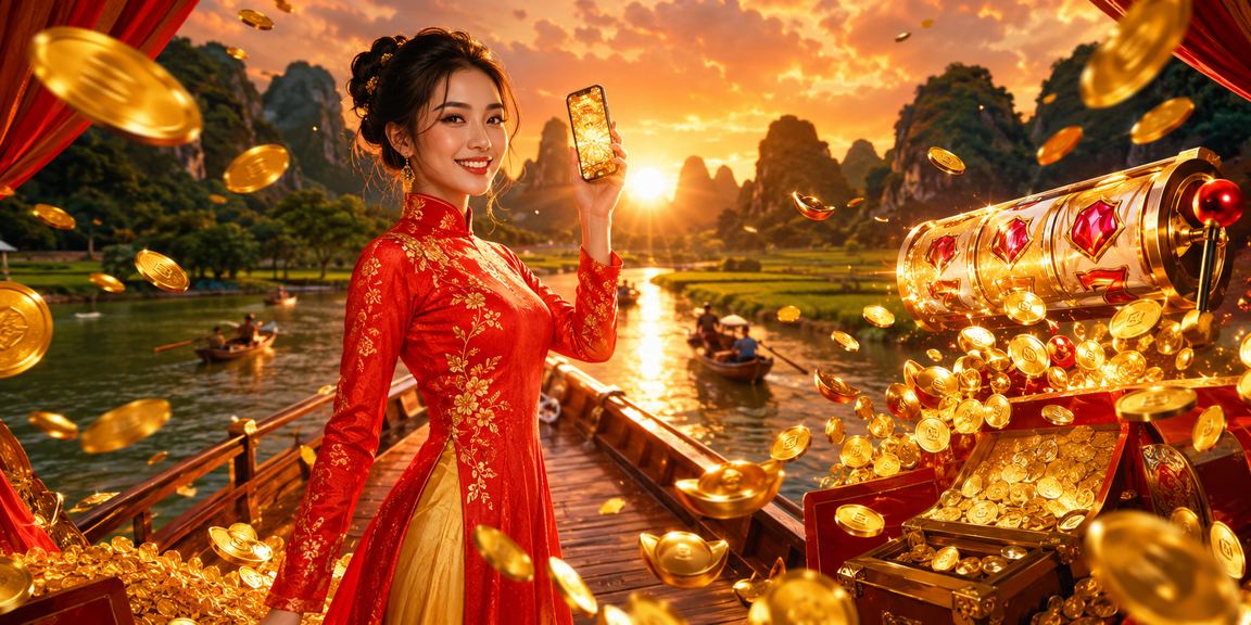 Người chơi slot game tại Ninh Bình với trang phục áo dài truyền thống và giao diện casino trực tuyến trên điện thoại